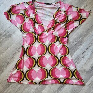 SOPRANO Women's Blouse Medium Pink Brown Chartreuse. Made in the U.S.A. EUC